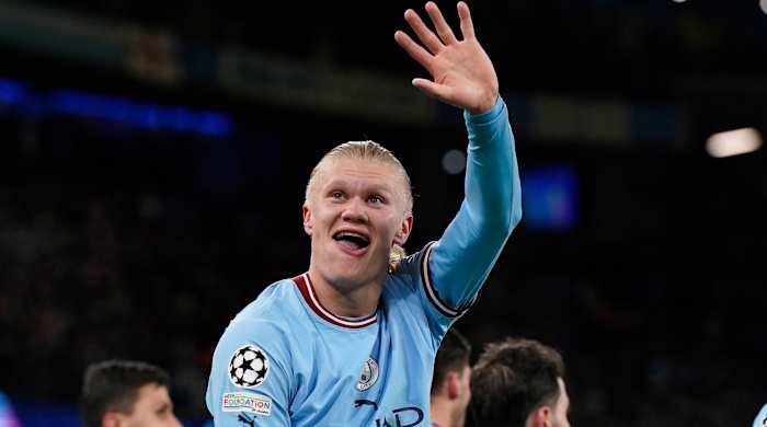 Erling Haaland celebrates a Champions League goal.